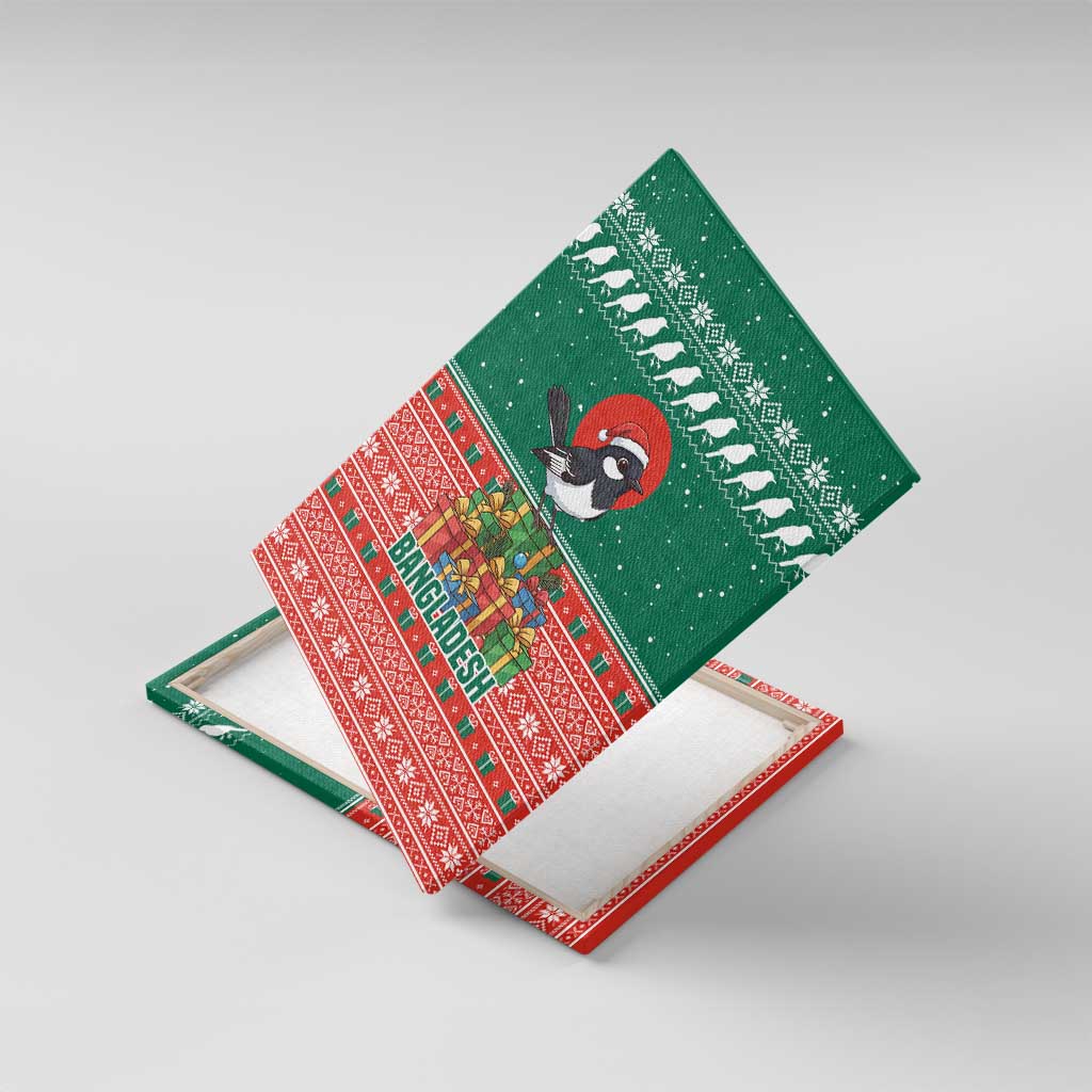 Bangladesh Christmas Canvas Wall Art with Black-Capped Bird Gift Stack and Green Red Snowflake Pattern - Wonder Print Shop
