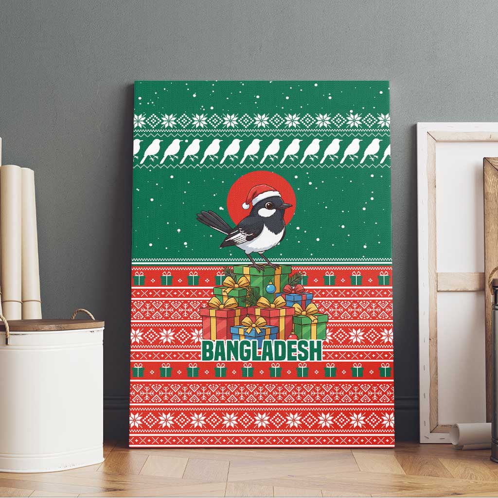 Bangladesh Christmas Canvas Wall Art with Black-Capped Bird Gift Stack and Green Red Snowflake Pattern - Wonder Print Shop