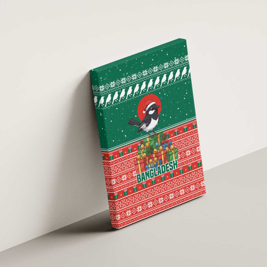 Bangladesh Christmas Canvas Wall Art with Black-Capped Bird Gift Stack and Green Red Snowflake Pattern - Wonder Print Shop