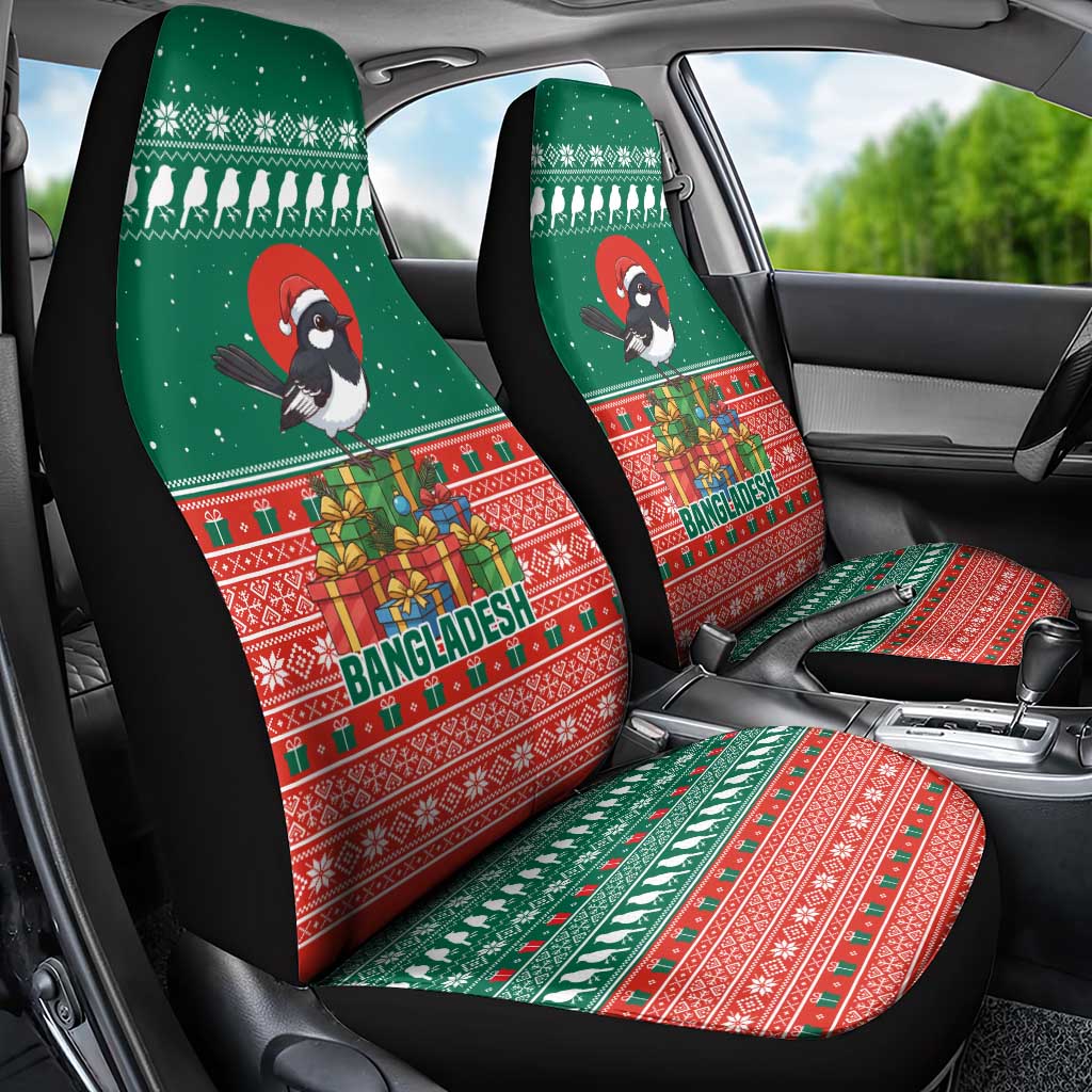 Bangladesh Christmas Car Seat Cover with Black-Capped Bird Gift Stack and Green Red Snowflake Pattern - Wonder Print Shop