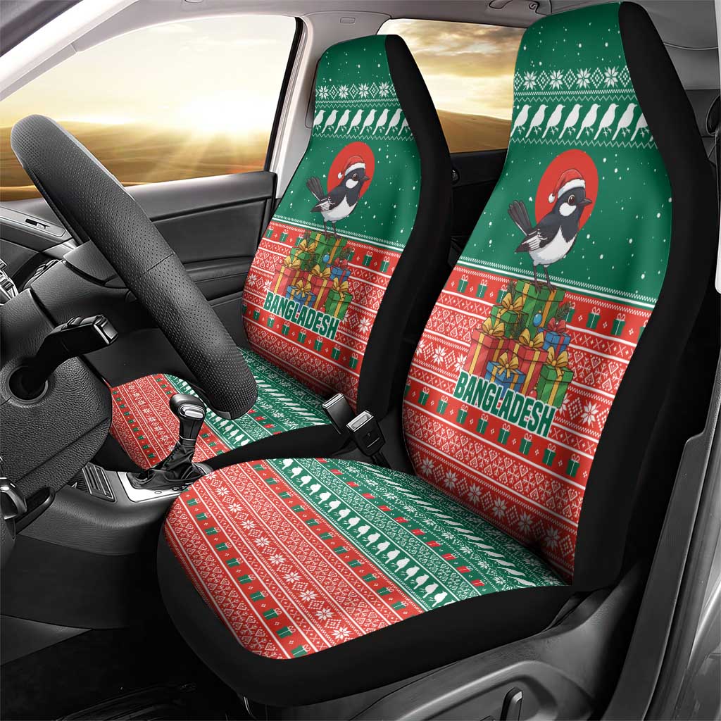 Bangladesh Christmas Car Seat Cover with Black-Capped Bird Gift Stack and Green Red Snowflake Pattern - Wonder Print Shop