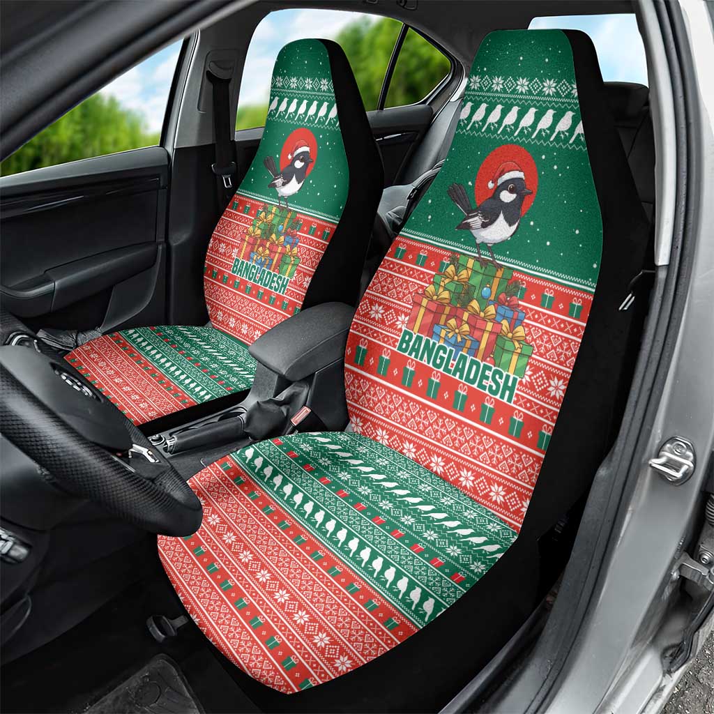 Bangladesh Christmas Car Seat Cover with Black-Capped Bird Gift Stack and Green Red Snowflake Pattern - Wonder Print Shop
