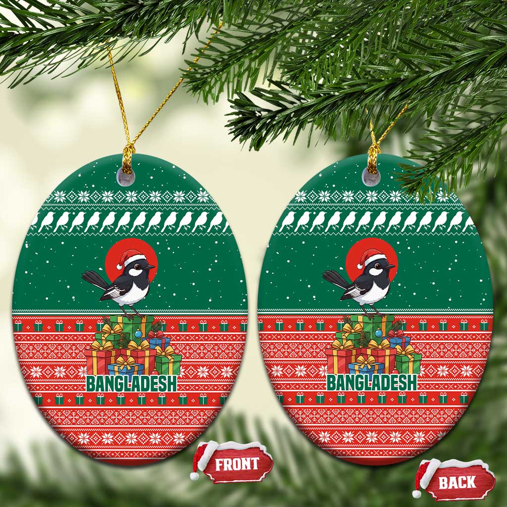 Bangladesh Christmas Ceramic Ornament with Black-Capped Bird Gift Stack and Green Red Snowflake Pattern - Wonder Print Shop