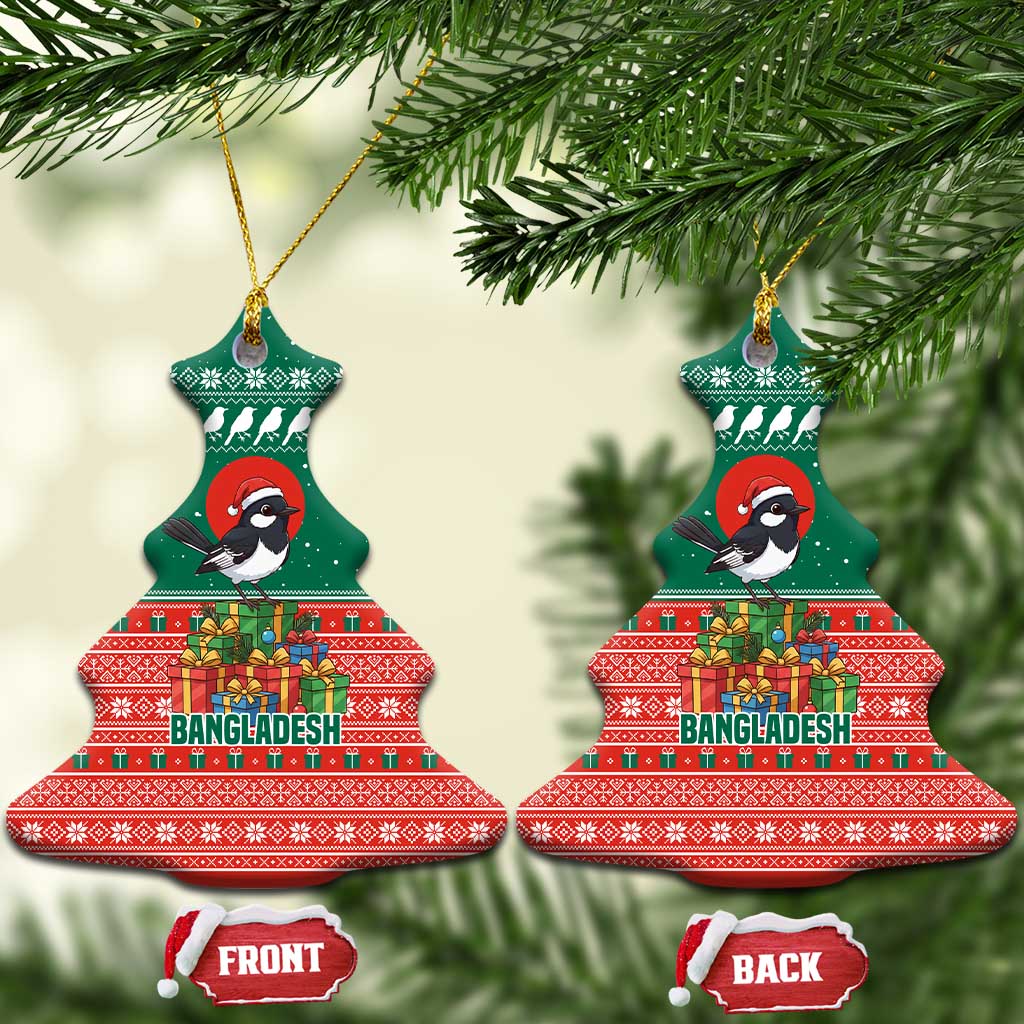 Bangladesh Christmas Ceramic Ornament with Black-Capped Bird Gift Stack and Green Red Snowflake Pattern - Wonder Print Shop