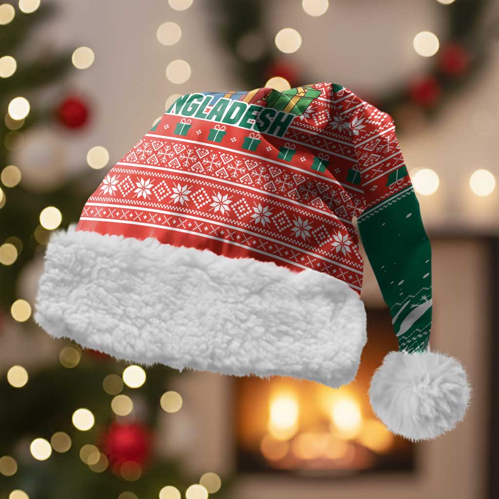 Bangladesh Christmas Santa Hat with Black-Capped Bird Gift Stack and Green Red Snowflake Pattern - Wonder Print Shop