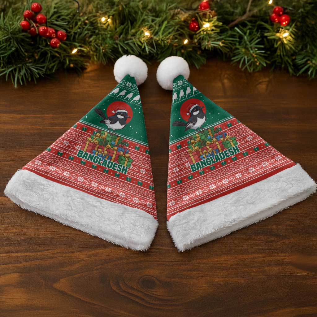 Bangladesh Christmas Santa Hat with Black-Capped Bird Gift Stack and Green Red Snowflake Pattern - Wonder Print Shop