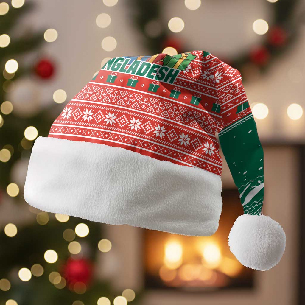 Bangladesh Christmas Santa Hat with Black-Capped Bird Gift Stack and Green Red Snowflake Pattern - Wonder Print Shop