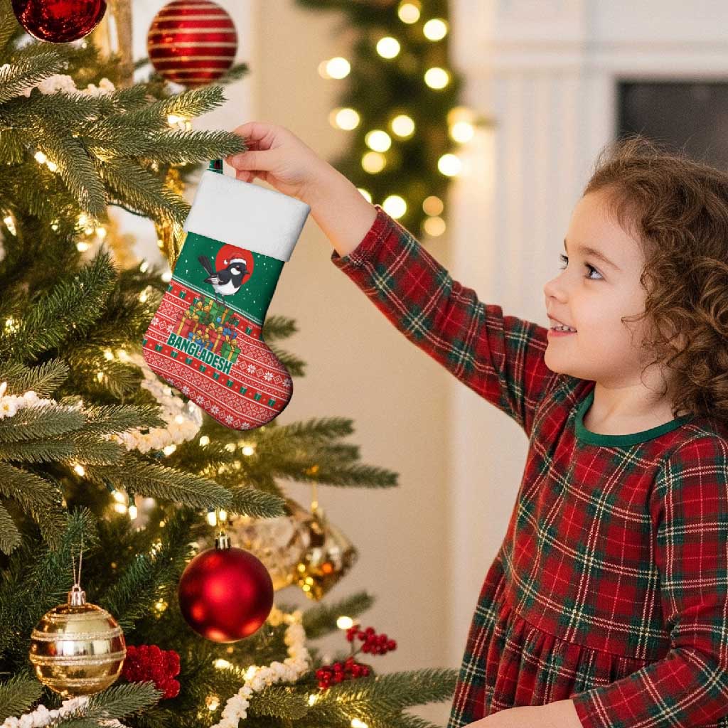 Bangladesh Christmas Stocking with Black-Capped Bird Gift Stack and Green Red Snowflake Pattern - Wonder Print Shop
