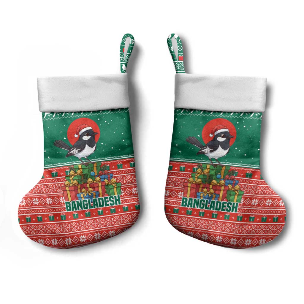 Bangladesh Christmas Stocking with Black-Capped Bird Gift Stack and Green Red Snowflake Pattern - Wonder Print Shop