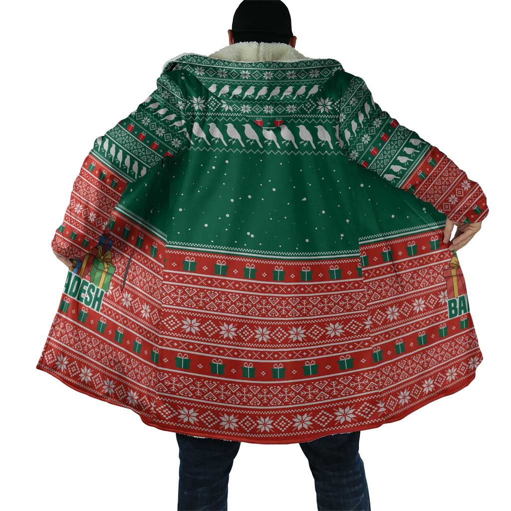 Bangladesh Christmas Cloak with Black-Capped Bird Gift Stack and Green Red Snowflake Pattern - Wonder Print Shop