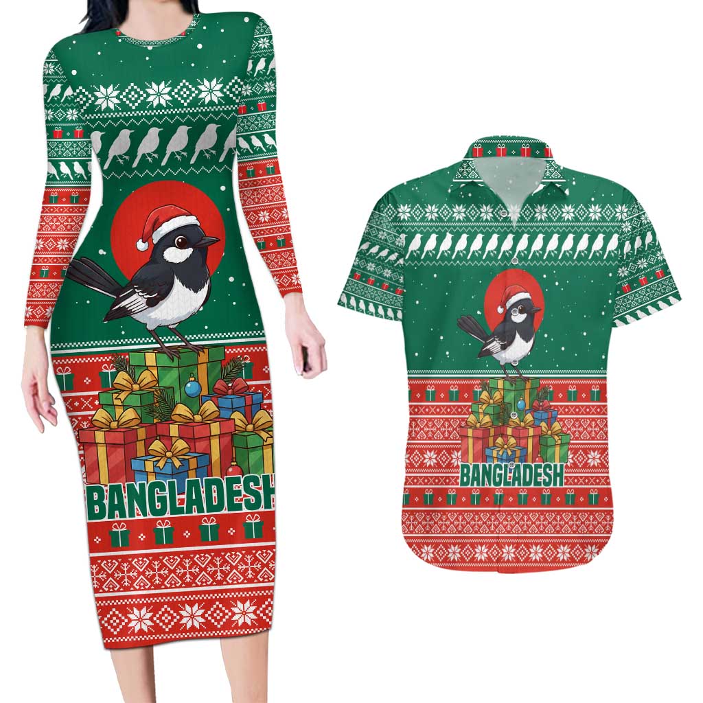 Bangladesh Christmas Couples Matching Long Sleeve Bodycon Dress and Hawaiian Shirt with Black-Capped Bird Gift Stack and Green Red Snowflake Pattern - Wonder Print Shop