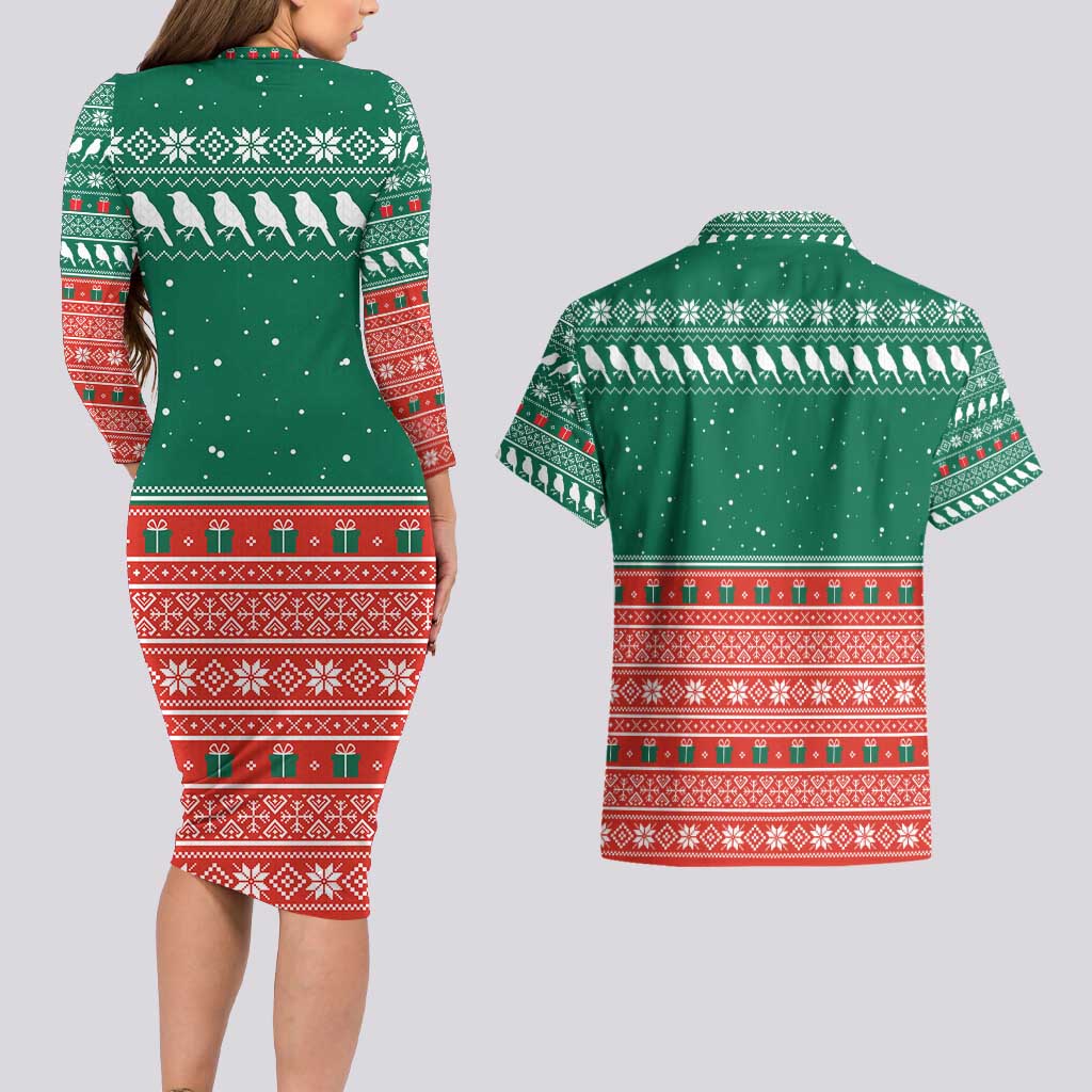 Bangladesh Christmas Couples Matching Long Sleeve Bodycon Dress and Hawaiian Shirt with Black-Capped Bird Gift Stack and Green Red Snowflake Pattern - Wonder Print Shop