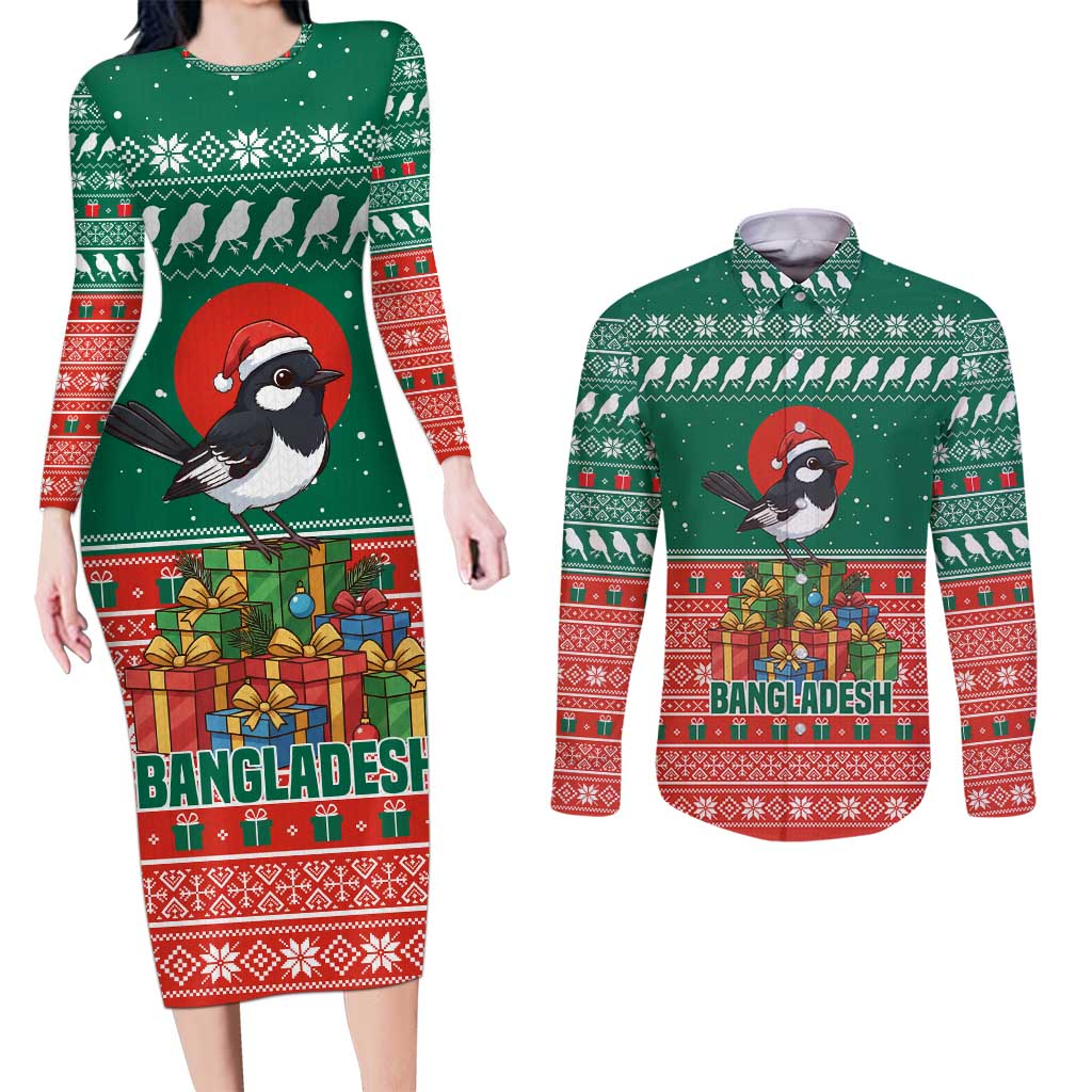 Bangladesh Christmas Couples Matching Long Sleeve Bodycon Dress and Long Sleeve Button Shirt with Black-Capped Bird Gift Stack and Green Red Snowflake Pattern - Wonder Print Shop