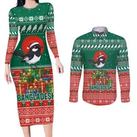Bangladesh Christmas Couples Matching Long Sleeve Bodycon Dress and Long Sleeve Button Shirt with Black-Capped Bird Gift Stack and Green Red Snowflake Pattern - Wonder Print Shop