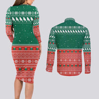 Bangladesh Christmas Couples Matching Long Sleeve Bodycon Dress and Long Sleeve Button Shirt with Black-Capped Bird Gift Stack and Green Red Snowflake Pattern - Wonder Print Shop