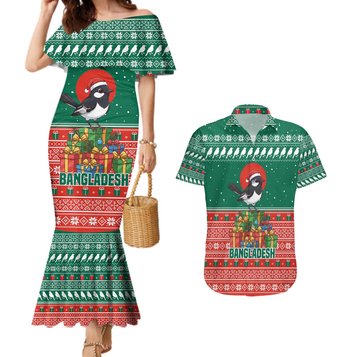 Bangladesh Christmas Couples Matching Mermaid Dress and Hawaiian Shirt with Black-Capped Bird Gift Stack and Green Red Snowflake Pattern - Wonder Print Shop