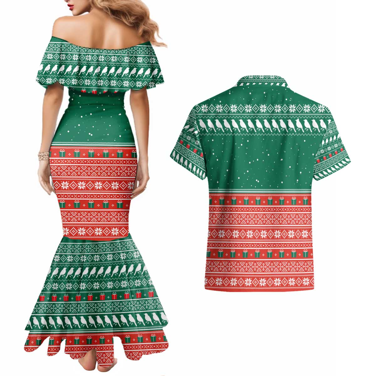 Bangladesh Christmas Couples Matching Mermaid Dress and Hawaiian Shirt with Black-Capped Bird Gift Stack and Green Red Snowflake Pattern - Wonder Print Shop