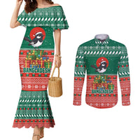 Bangladesh Christmas Couples Matching Mermaid Dress and Long Sleeve Button Shirt with Black-Capped Bird Gift Stack and Green Red Snowflake Pattern - Wonder Print Shop