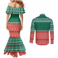 Bangladesh Christmas Couples Matching Mermaid Dress and Long Sleeve Button Shirt with Black-Capped Bird Gift Stack and Green Red Snowflake Pattern - Wonder Print Shop
