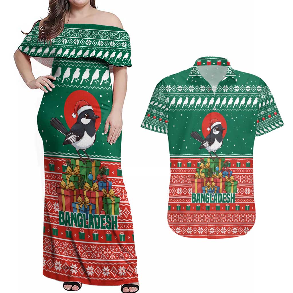 Bangladesh Christmas Couples Matching Off Shoulder Maxi Dress and Hawaiian Shirt with Black-Capped Bird Gift Stack and Green Red Snowflake Pattern - Wonder Print Shop