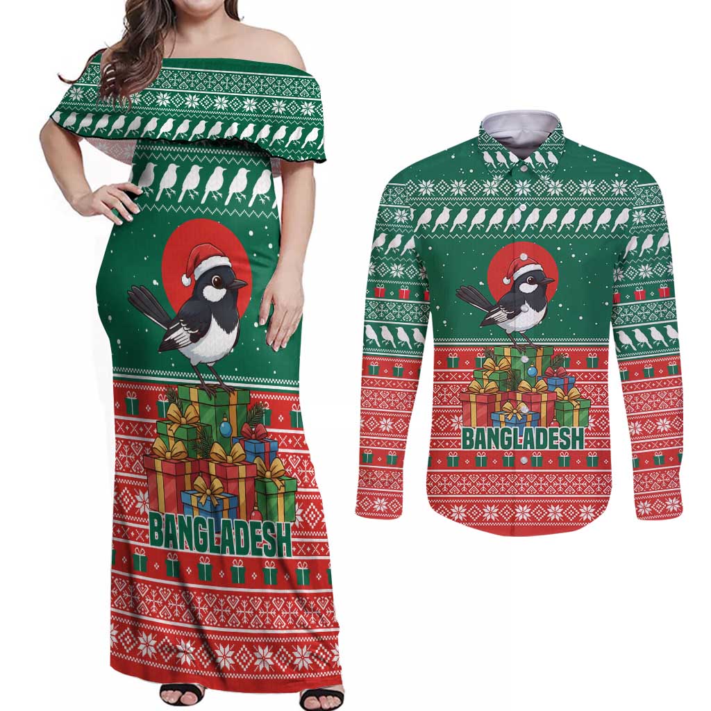 Bangladesh Christmas Couples Matching Off Shoulder Maxi Dress and Long Sleeve Button Shirt with Black-Capped Bird Gift Stack and Green Red Snowflake Pattern - Wonder Print Shop