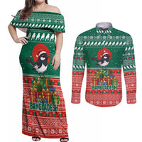 Bangladesh Christmas Couples Matching Off Shoulder Maxi Dress and Long Sleeve Button Shirt with Black-Capped Bird Gift Stack and Green Red Snowflake Pattern - Wonder Print Shop