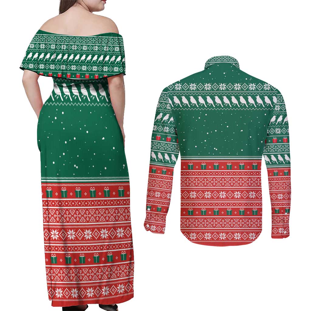 Bangladesh Christmas Couples Matching Off Shoulder Maxi Dress and Long Sleeve Button Shirt with Black-Capped Bird Gift Stack and Green Red Snowflake Pattern - Wonder Print Shop