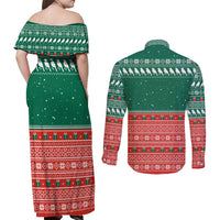Bangladesh Christmas Couples Matching Off Shoulder Maxi Dress and Long Sleeve Button Shirt with Black-Capped Bird Gift Stack and Green Red Snowflake Pattern - Wonder Print Shop