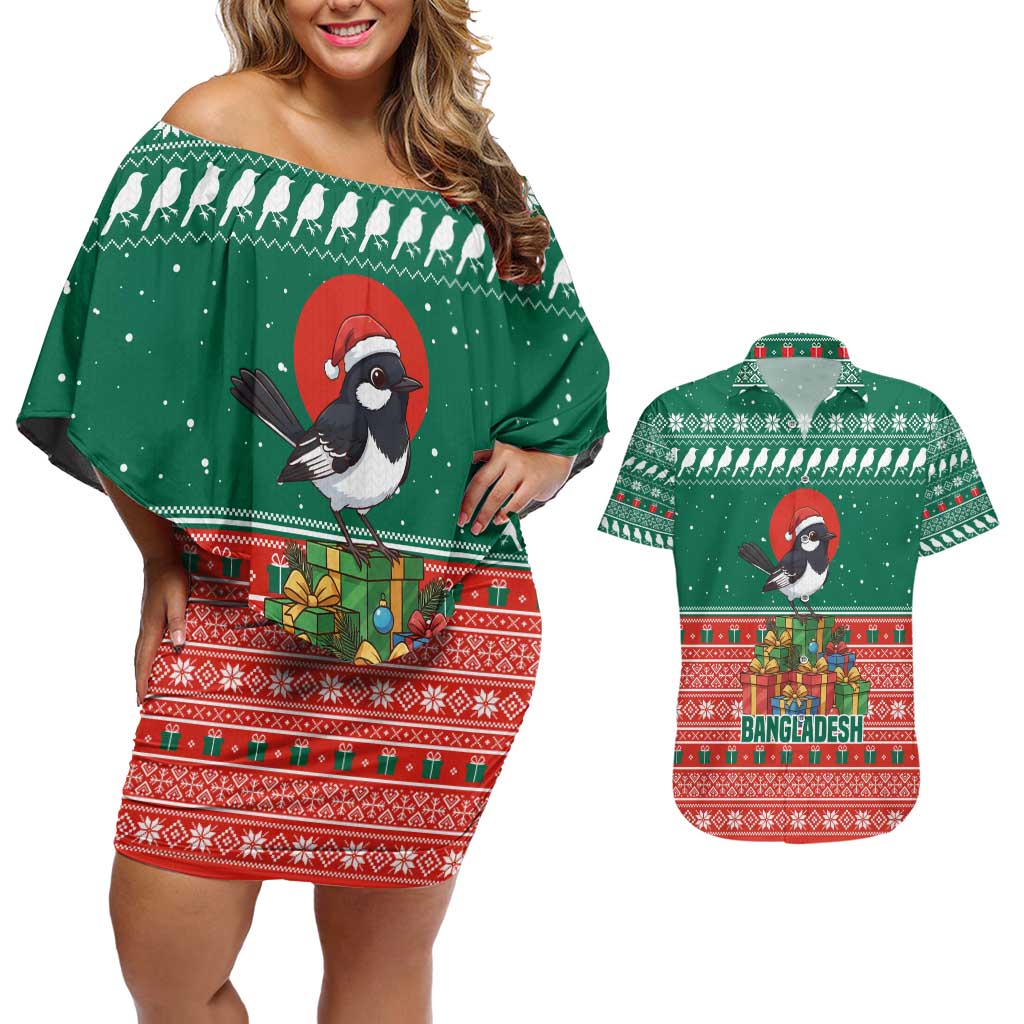 Bangladesh Christmas Couples Matching Off Shoulder Short Dress and Hawaiian Shirt with Black-Capped Bird Gift Stack and Green Red Snowflake Pattern - Wonder Print Shop
