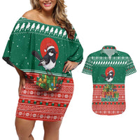 Bangladesh Christmas Couples Matching Off Shoulder Short Dress and Hawaiian Shirt with Black-Capped Bird Gift Stack and Green Red Snowflake Pattern - Wonder Print Shop