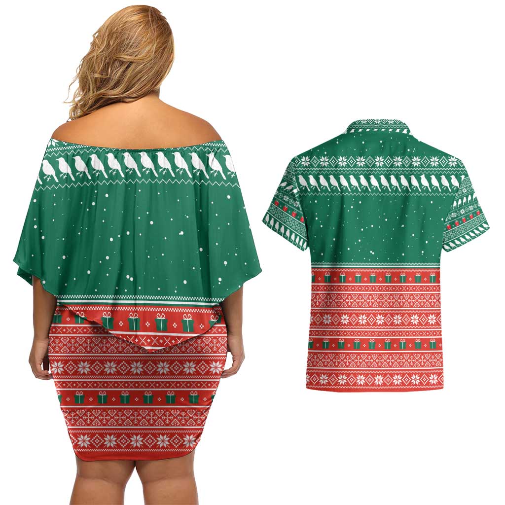 Bangladesh Christmas Couples Matching Off Shoulder Short Dress and Hawaiian Shirt with Black-Capped Bird Gift Stack and Green Red Snowflake Pattern - Wonder Print Shop