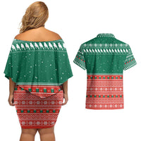 Bangladesh Christmas Couples Matching Off Shoulder Short Dress and Hawaiian Shirt with Black-Capped Bird Gift Stack and Green Red Snowflake Pattern - Wonder Print Shop