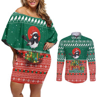 Bangladesh Christmas Couples Matching Off Shoulder Short Dress and Long Sleeve Button Shirt with Black-Capped Bird Gift Stack and Green Red Snowflake Pattern - Wonder Print Shop