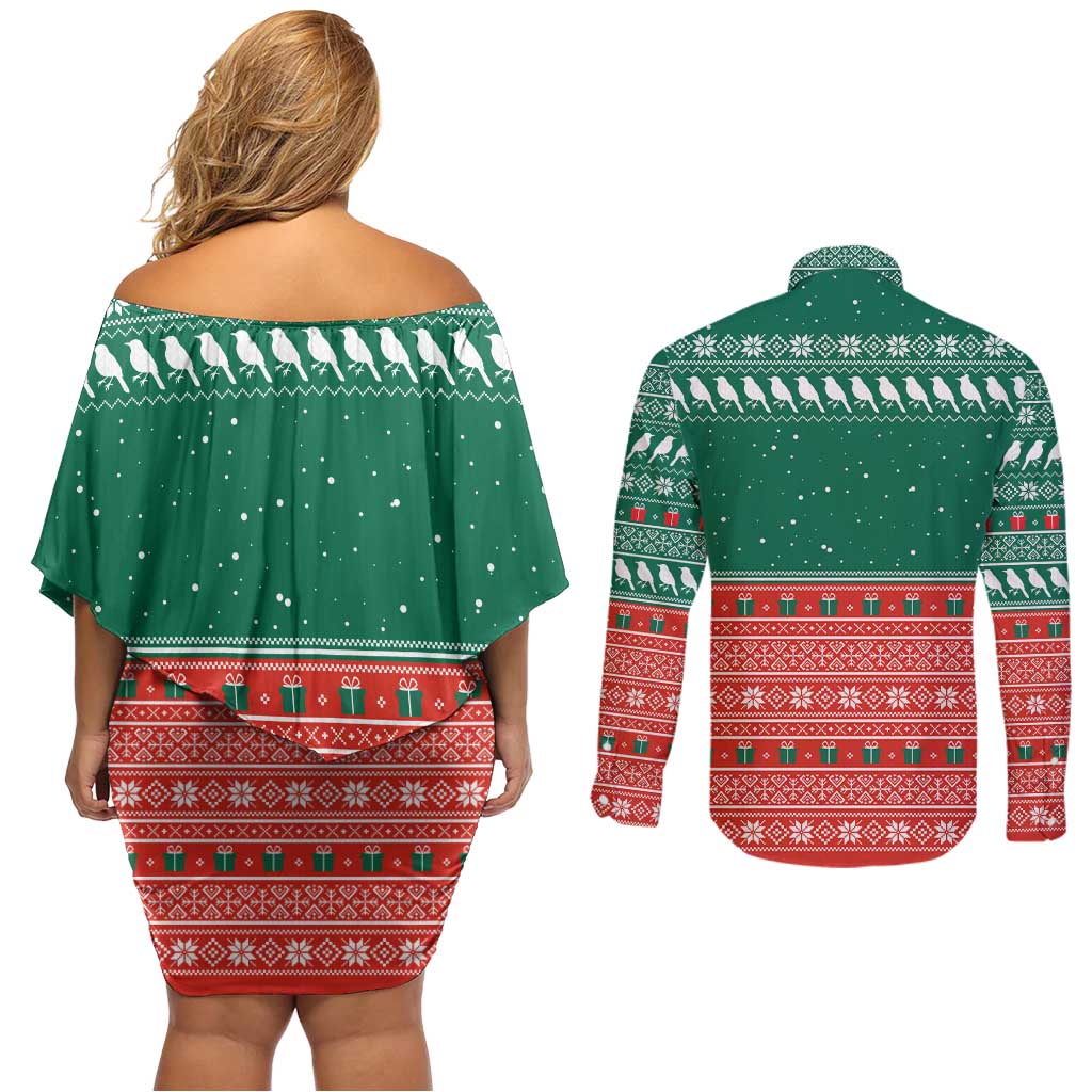 Bangladesh Christmas Couples Matching Off Shoulder Short Dress and Long Sleeve Button Shirt with Black-Capped Bird Gift Stack and Green Red Snowflake Pattern - Wonder Print Shop