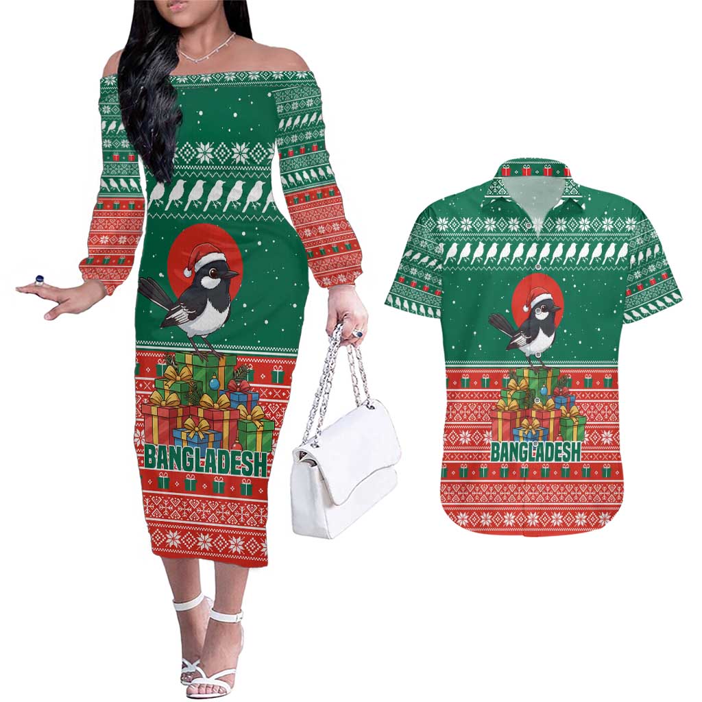 Bangladesh Christmas Couples Matching Off The Shoulder Long Sleeve Dress and Hawaiian Shirt with Black-Capped Bird Gift Stack and Green Red Snowflake Pattern - Wonder Print Shop