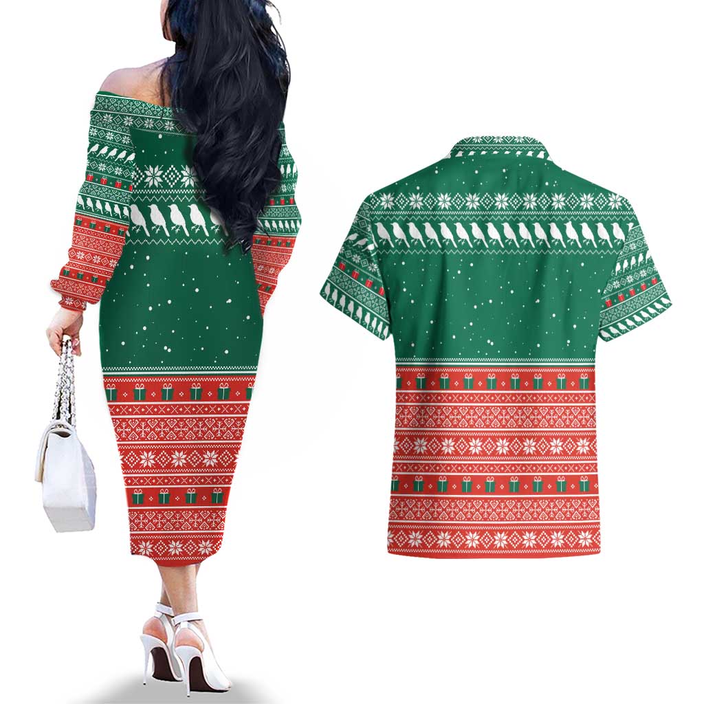 Bangladesh Christmas Couples Matching Off The Shoulder Long Sleeve Dress and Hawaiian Shirt with Black-Capped Bird Gift Stack and Green Red Snowflake Pattern - Wonder Print Shop
