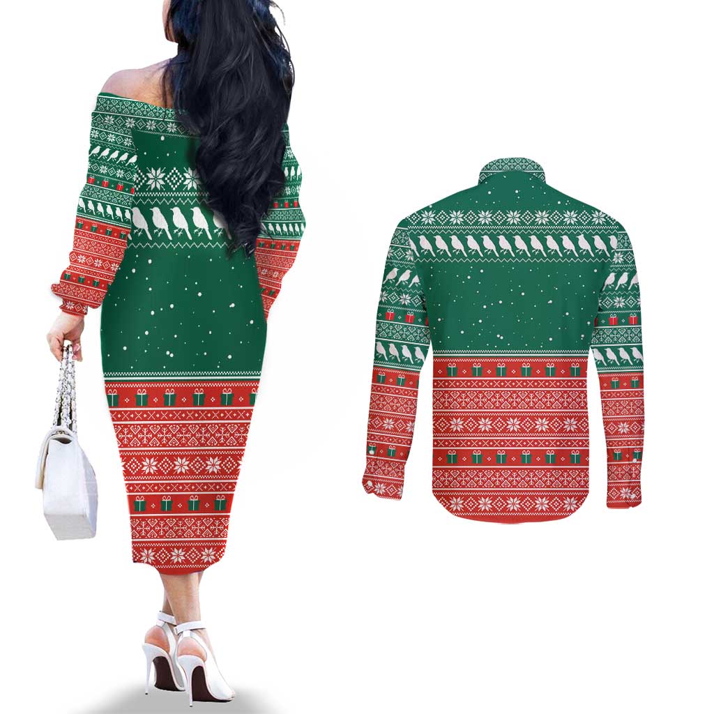 Bangladesh Christmas Couples Matching Off The Shoulder Long Sleeve Dress and Long Sleeve Button Shirt with Black-Capped Bird Gift Stack and Green Red Snowflake Pattern - Wonder Print Shop