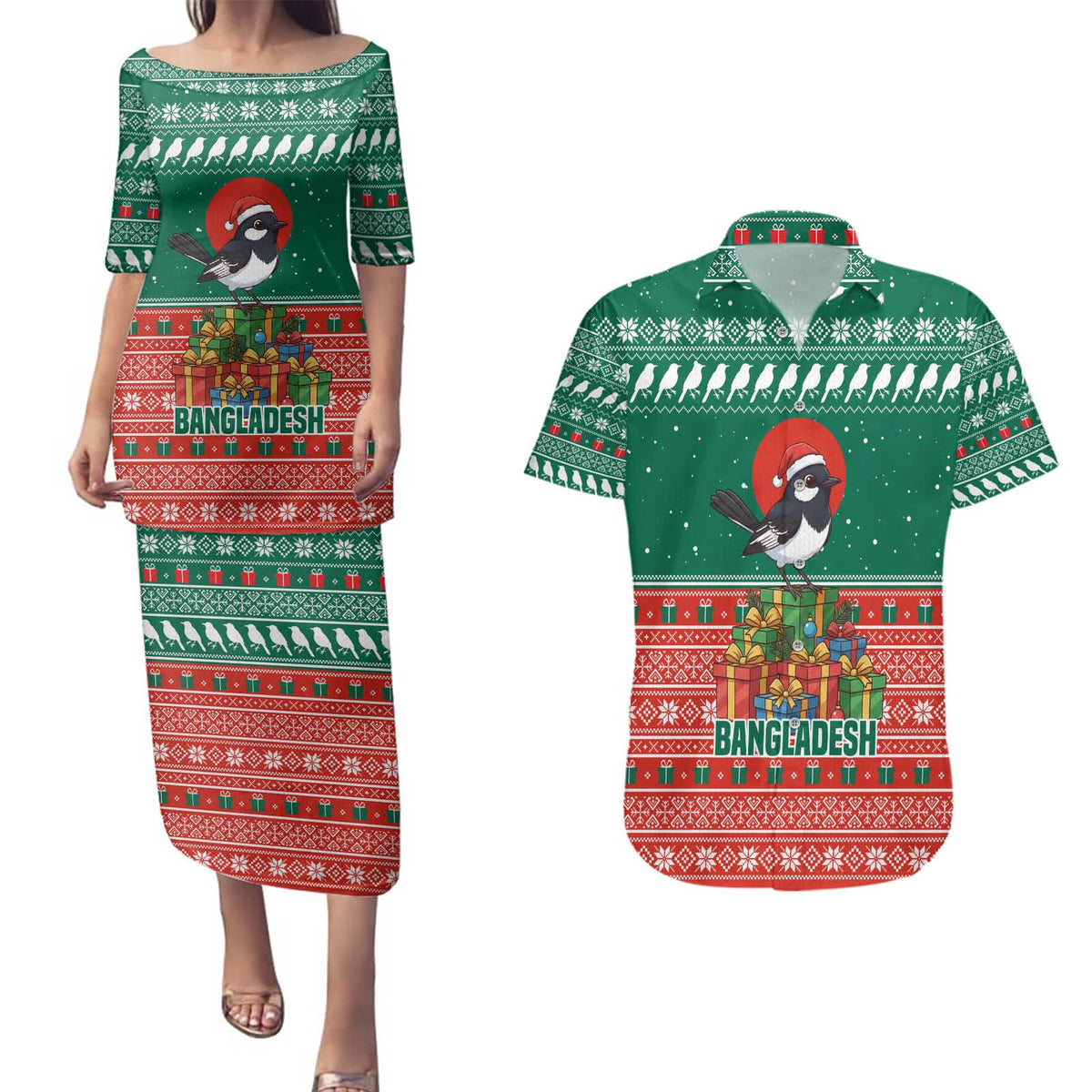 Bangladesh Christmas Couples Matching Puletasi and Hawaiian Shirt with Black-Capped Bird Gift Stack and Green Red Snowflake Pattern - Wonder Print Shop