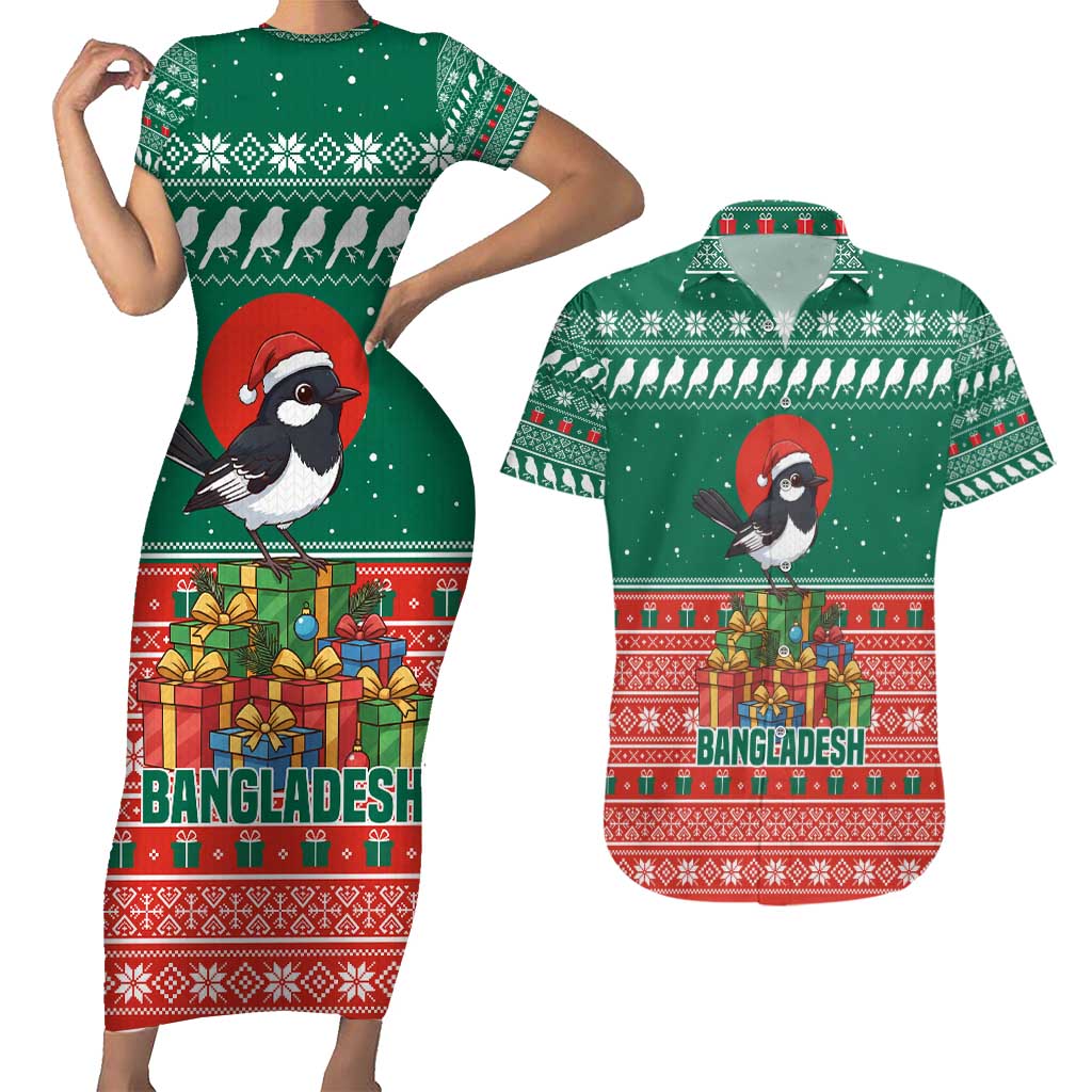 Bangladesh Christmas Couples Matching Short Sleeve Bodycon Dress and Hawaiian Shirt with Black-Capped Bird Gift Stack and Green Red Snowflake Pattern - Wonder Print Shop