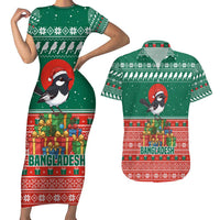 Bangladesh Christmas Couples Matching Short Sleeve Bodycon Dress and Hawaiian Shirt with Black-Capped Bird Gift Stack and Green Red Snowflake Pattern - Wonder Print Shop