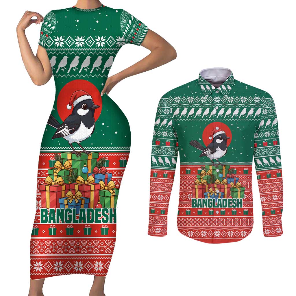 Bangladesh Christmas Couples Matching Short Sleeve Bodycon Dress and Long Sleeve Button Shirt with Black-Capped Bird Gift Stack and Green Red Snowflake Pattern - Wonder Print Shop