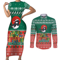 Bangladesh Christmas Couples Matching Short Sleeve Bodycon Dress and Long Sleeve Button Shirt with Black-Capped Bird Gift Stack and Green Red Snowflake Pattern - Wonder Print Shop