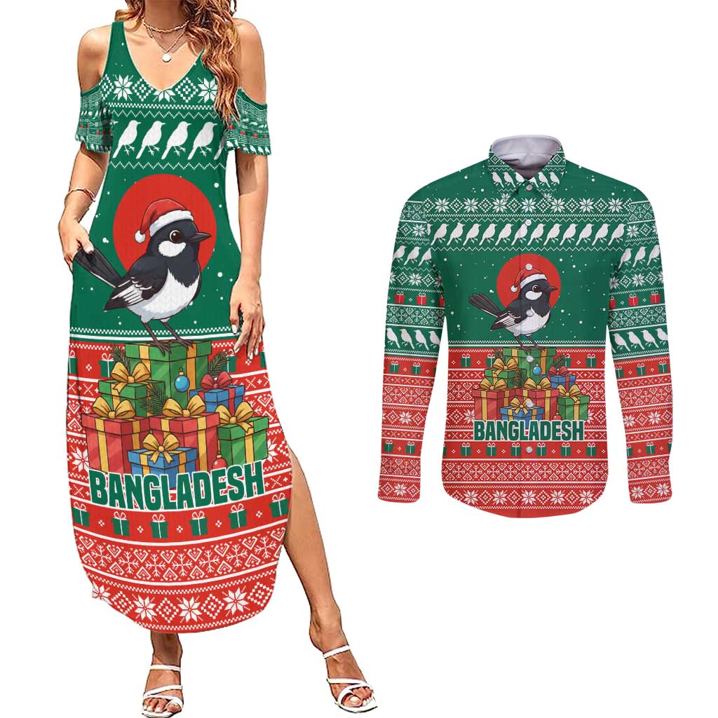 Bangladesh Christmas Couples Matching Summer Maxi Dress and Long Sleeve Button Shirt with Black-Capped Bird Gift Stack and Green Red Snowflake Pattern - Wonder Print Shop