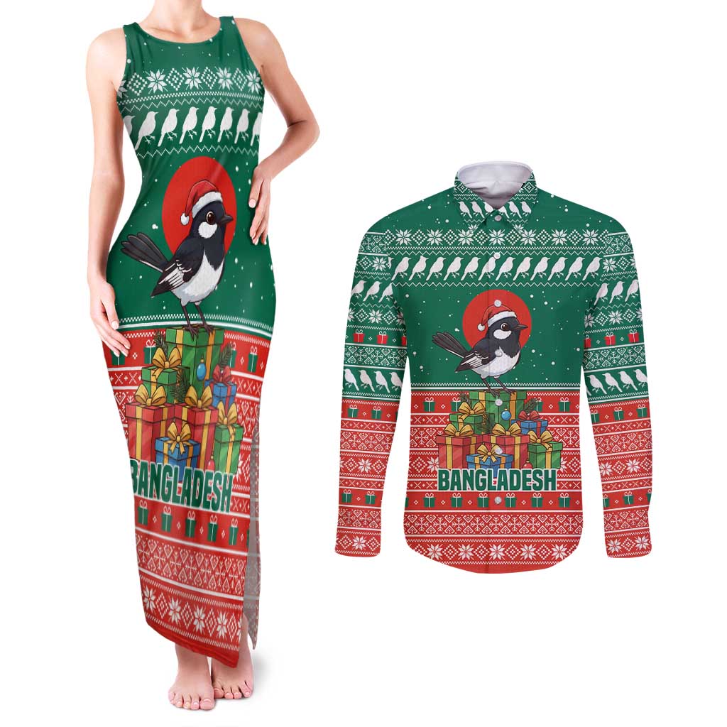 Bangladesh Christmas Couples Matching Tank Maxi Dress and Long Sleeve Button Shirt with Black-Capped Bird Gift Stack and Green Red Snowflake Pattern - Wonder Print Shop