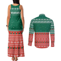Bangladesh Christmas Couples Matching Tank Maxi Dress and Long Sleeve Button Shirt with Black-Capped Bird Gift Stack and Green Red Snowflake Pattern - Wonder Print Shop