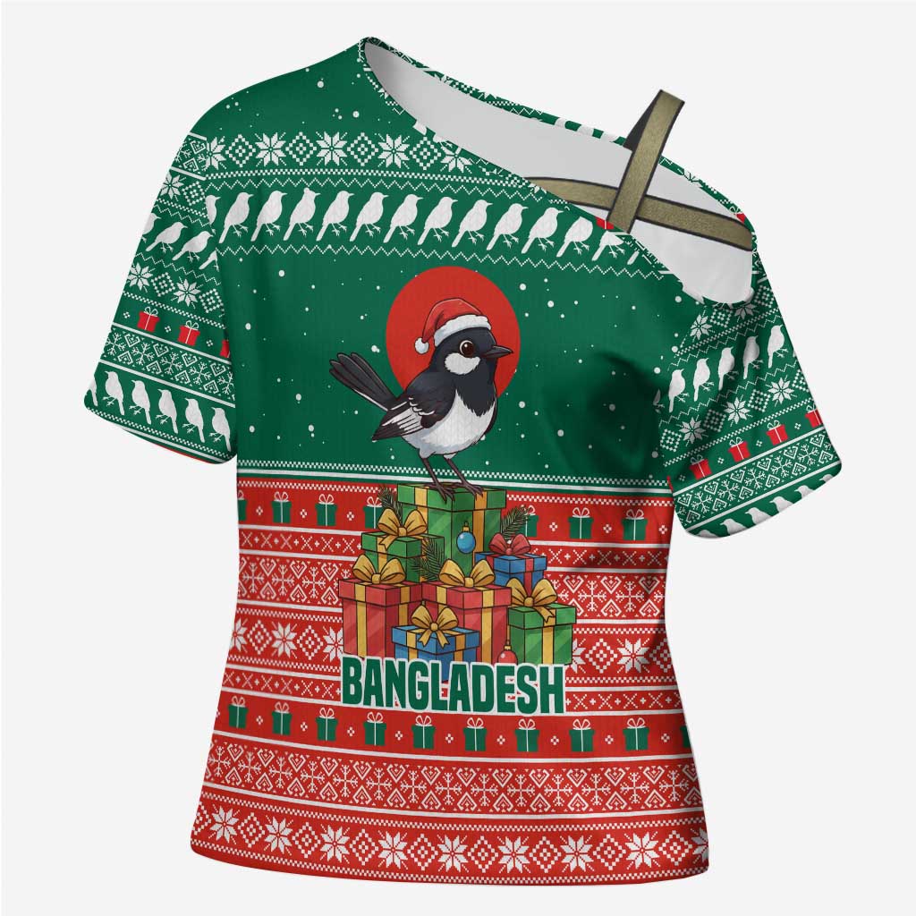Bangladesh Christmas Cross Shoulder Shirt with Black-Capped Bird Gift Stack and Green Red Snowflake Pattern - Wonder Print Shop