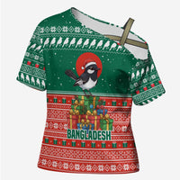 Bangladesh Christmas Cross Shoulder Shirt with Black-Capped Bird Gift Stack and Green Red Snowflake Pattern - Wonder Print Shop