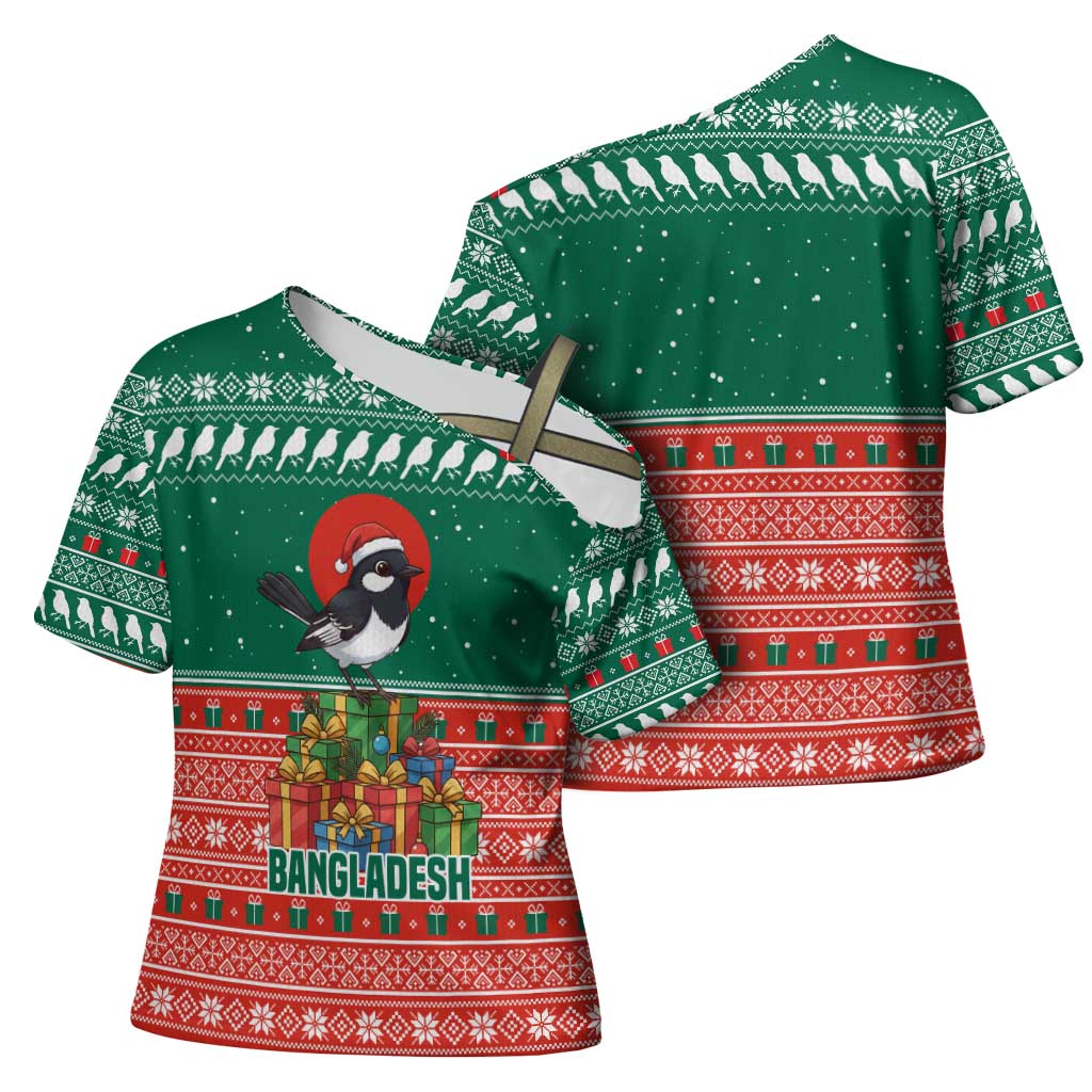 Bangladesh Christmas Cross Shoulder Shirt with Black-Capped Bird Gift Stack and Green Red Snowflake Pattern - Wonder Print Shop