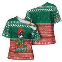 Bangladesh Christmas Cross Shoulder Shirt with Black-Capped Bird Gift Stack and Green Red Snowflake Pattern - Wonder Print Shop