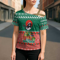 Bangladesh Christmas Cross Shoulder Shirt with Black-Capped Bird Gift Stack and Green Red Snowflake Pattern - Wonder Print Shop